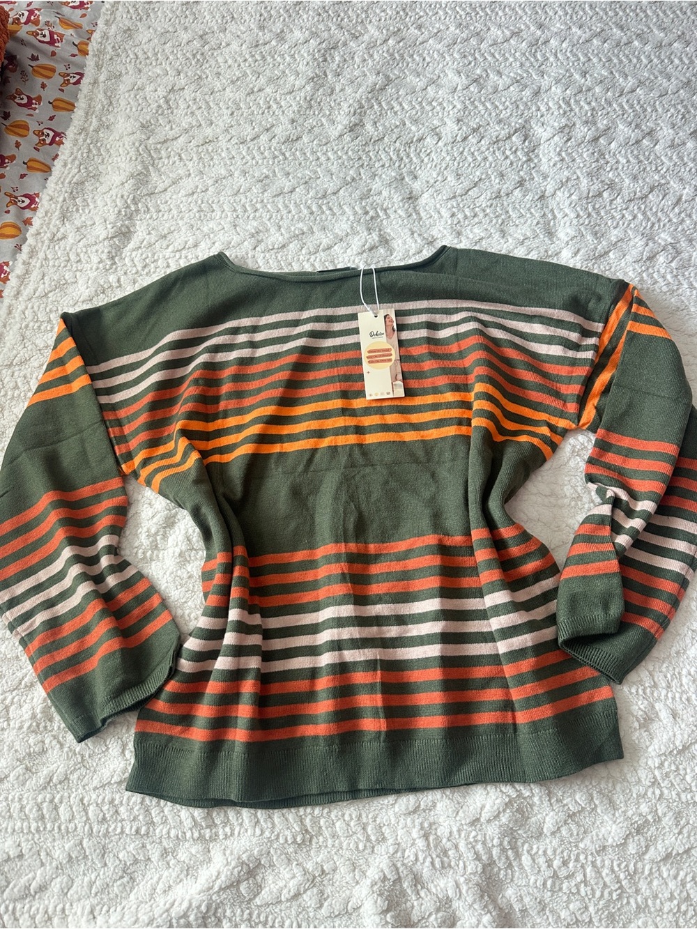Striped Olive Green Pullover Sweater with Orange & Cream Stripes